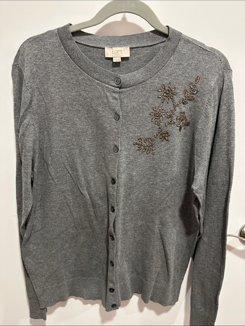 LOFT Gray Beaded Floral Crewneck Cardigan